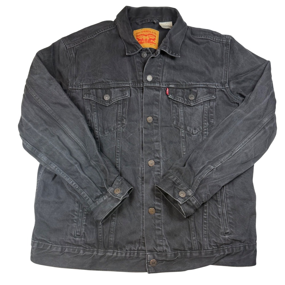 Levis Trucker Jacket Mens XXL Black Denim Custom Painted WHY Graphic Trucker